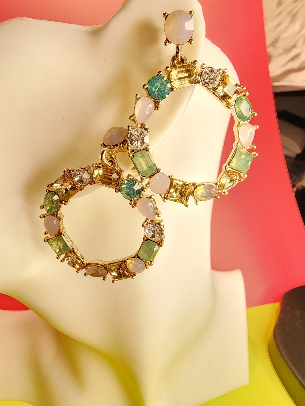 Gold-Tone Hoop Earrings with Green and Pink Gemstones